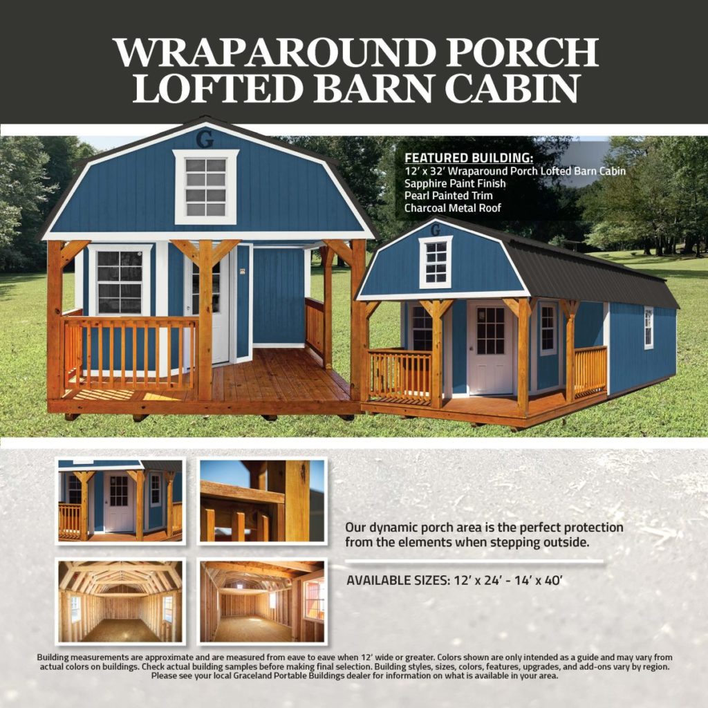 Graceland Wrap Porch Lofted Barn Cabin features